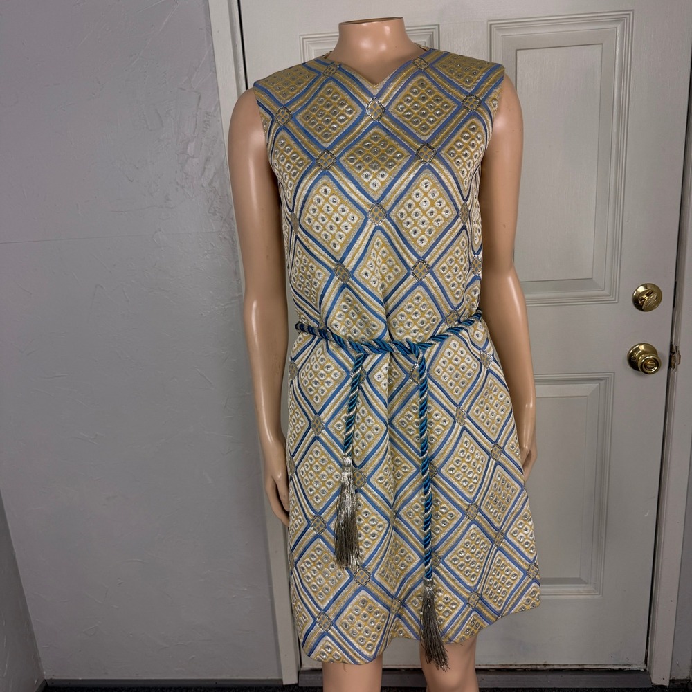 Vintage 70s Malcom Charles Morton Damask Dress Tassel Metallic Party Space A9